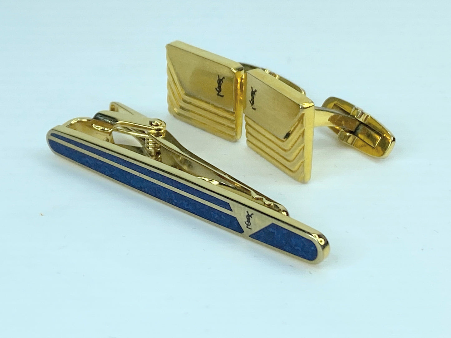Yves Saint Laurent Tie Clip Cufflinks YSL Gold gilt Navy Blue set GS529