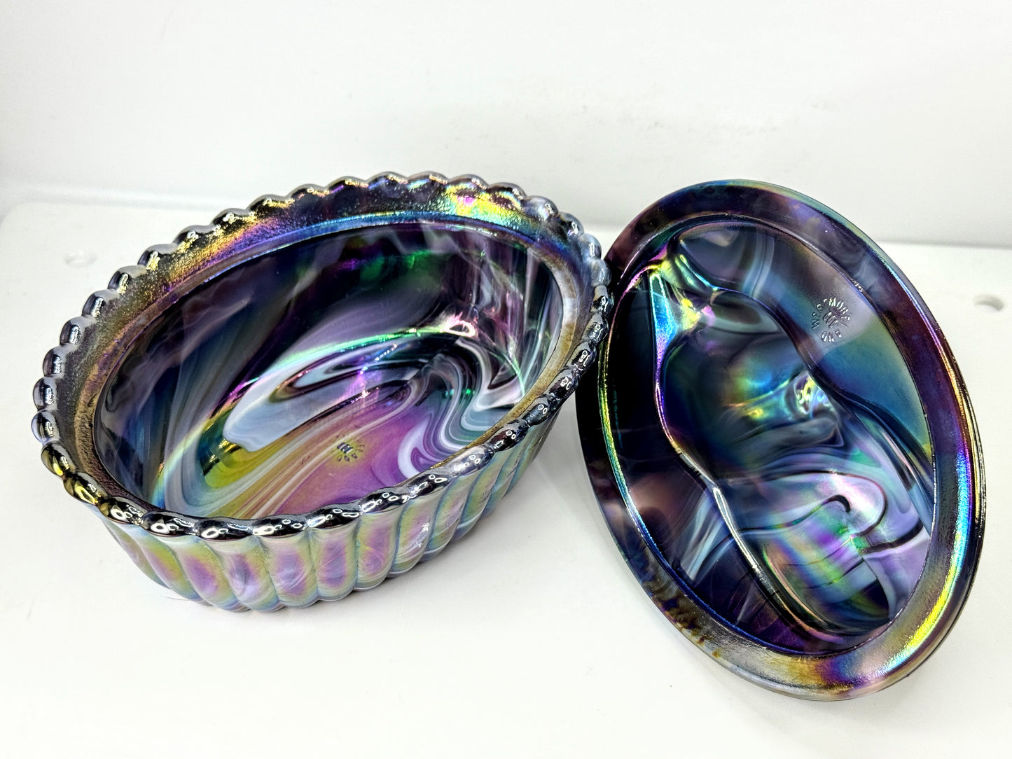 Vintage Fenton Iridescent Chessie Cat Covered Candy Dish A1062