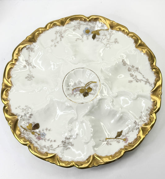 Lewis Strauss Son Mark, Antique Floral Limoges Oyster Plate with Gold Paste A497