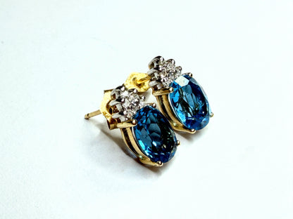 14K Yellow Gold Oval Blue Topaz & Cluster Diamond Accent Stud Earrings JR1662
