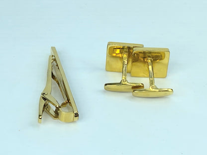 Yves Saint Laurent Tie Clip Cufflinks YSL Gold gilt Navy Blue set GS529