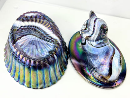 Vintage Fenton Iridescent Chessie Cat Covered Candy Dish A1062