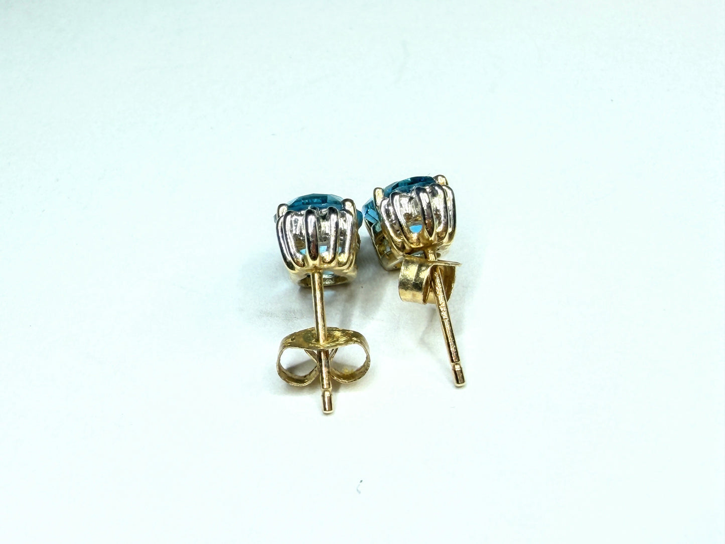 14K Yellow Gold Oval Blue Topaz & Cluster Diamond Accent Stud Earrings JR1662