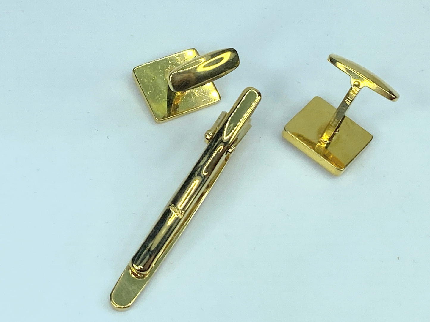 Yves Saint Laurent Tie Clip Cufflinks YSL Gold gilt Navy Blue set GS529