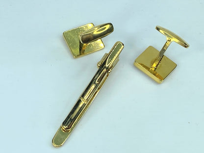 Yves Saint Laurent Tie Clip Cufflinks YSL Gold gilt Navy Blue set GS529
