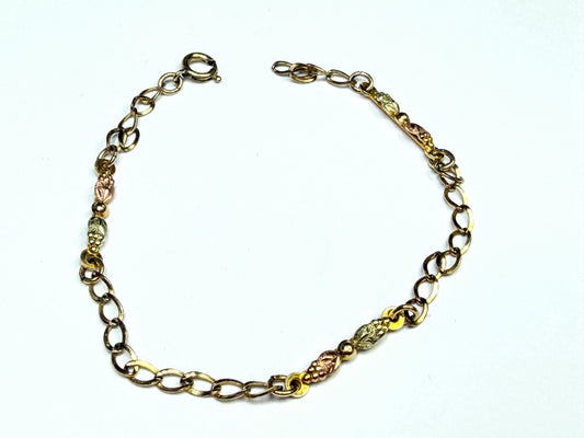 Vintage 10K Black Hills Tri-Color Gold Grape Leaf Bar Links Bracelet #JR1663