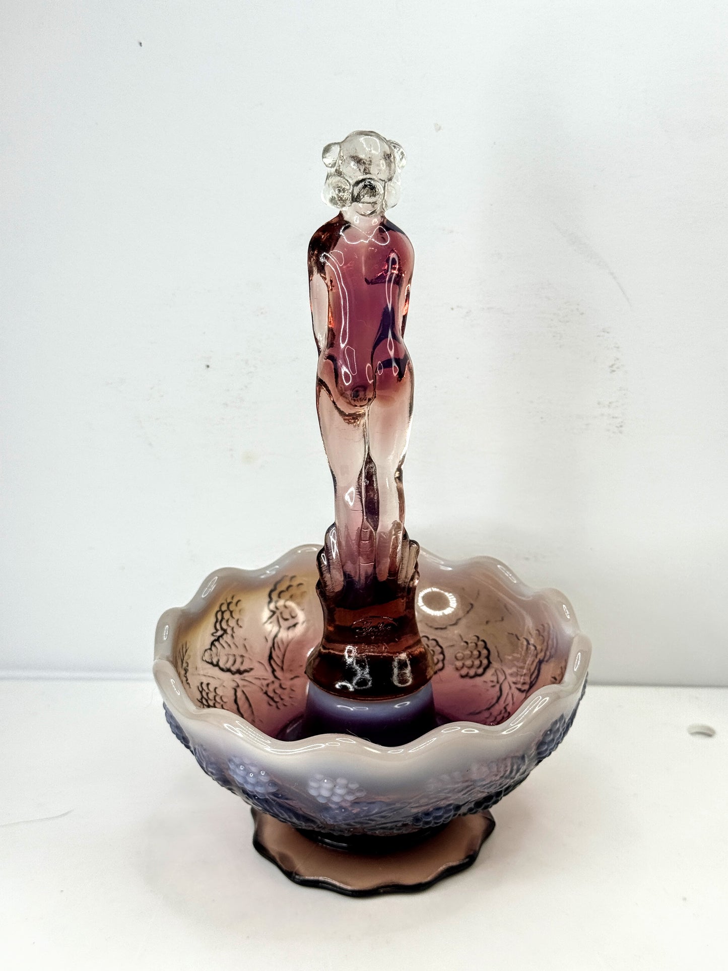 Fenton Cranberry Opalescent September Morn Nymph Girl & Flower Frog A1063