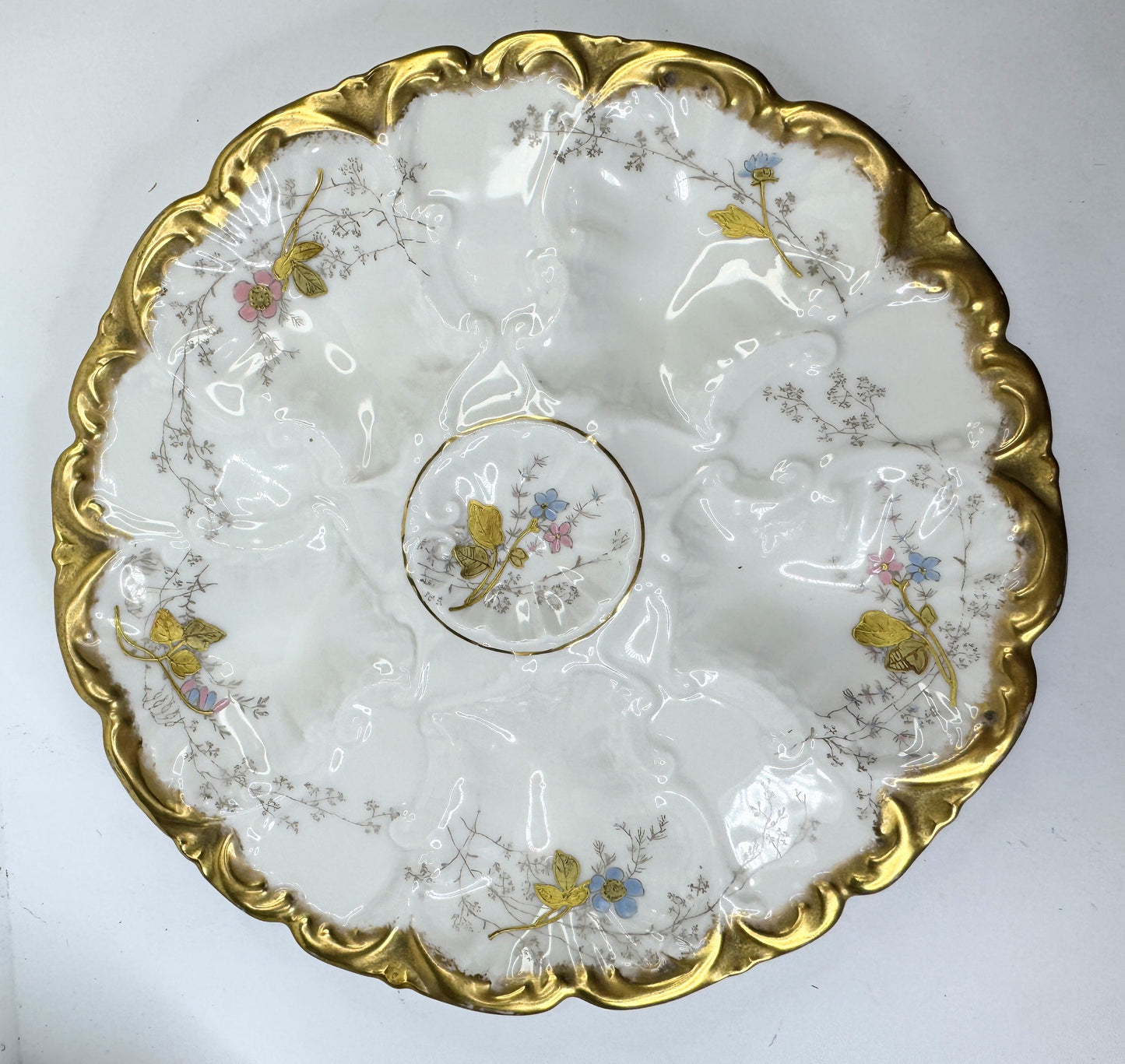 Lewis Strauss Son Mark, Antique Floral Limoges Oyster Plate with Gold Paste A498