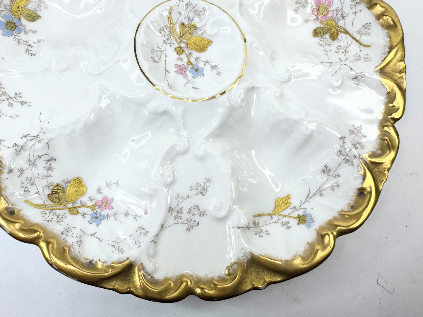 Lewis Strauss Son Mark, Antique Floral Limoges Oyster Plate with Gold Paste A498
