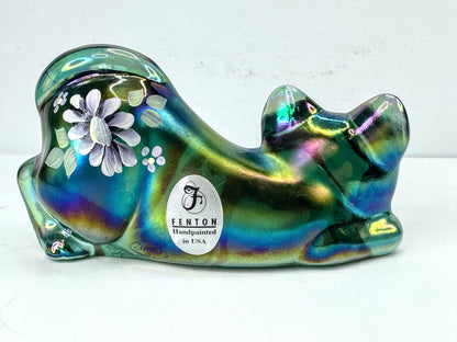Fenton Iridescent Hand Painted Cat Figurine Signed C. Mackey A1064