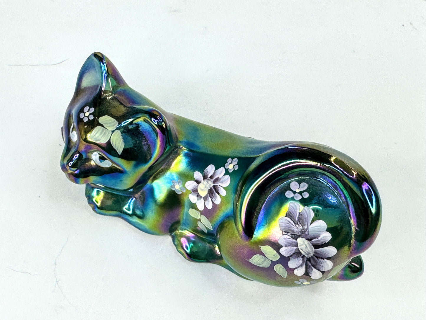 Fenton Iridescent Hand Painted Cat Figurine Signed C. Mackey A1064