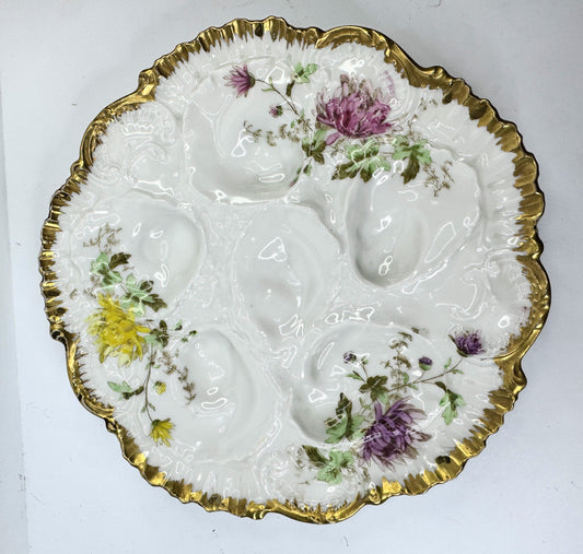 Antique Oyster Plate Hand Painted Flowers - Limoges Porcelain - France 8.5" A499