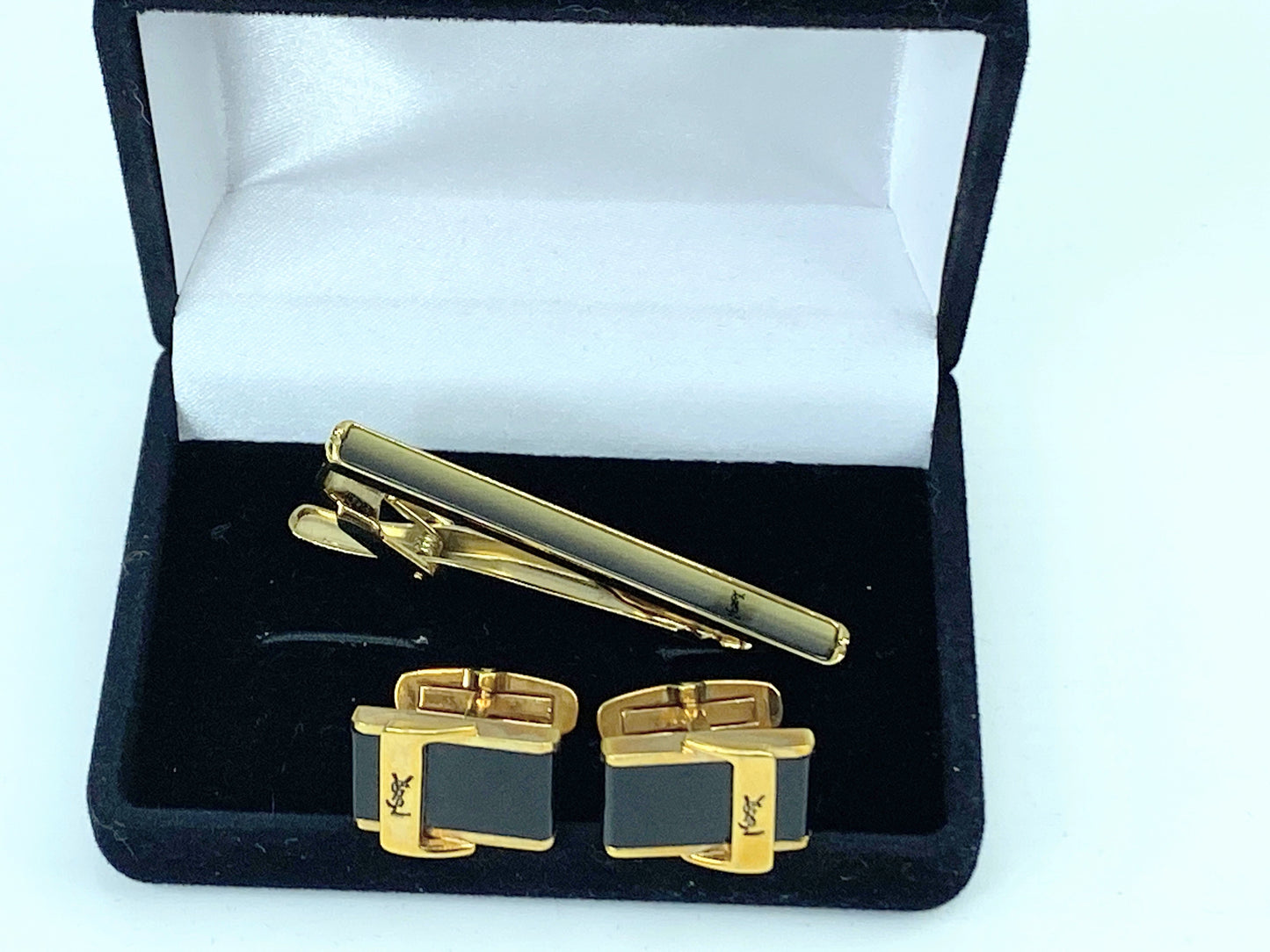 Yves Saint Laurent Tie clip bar pin YSL Logo Onyx Black Gold plated GS531