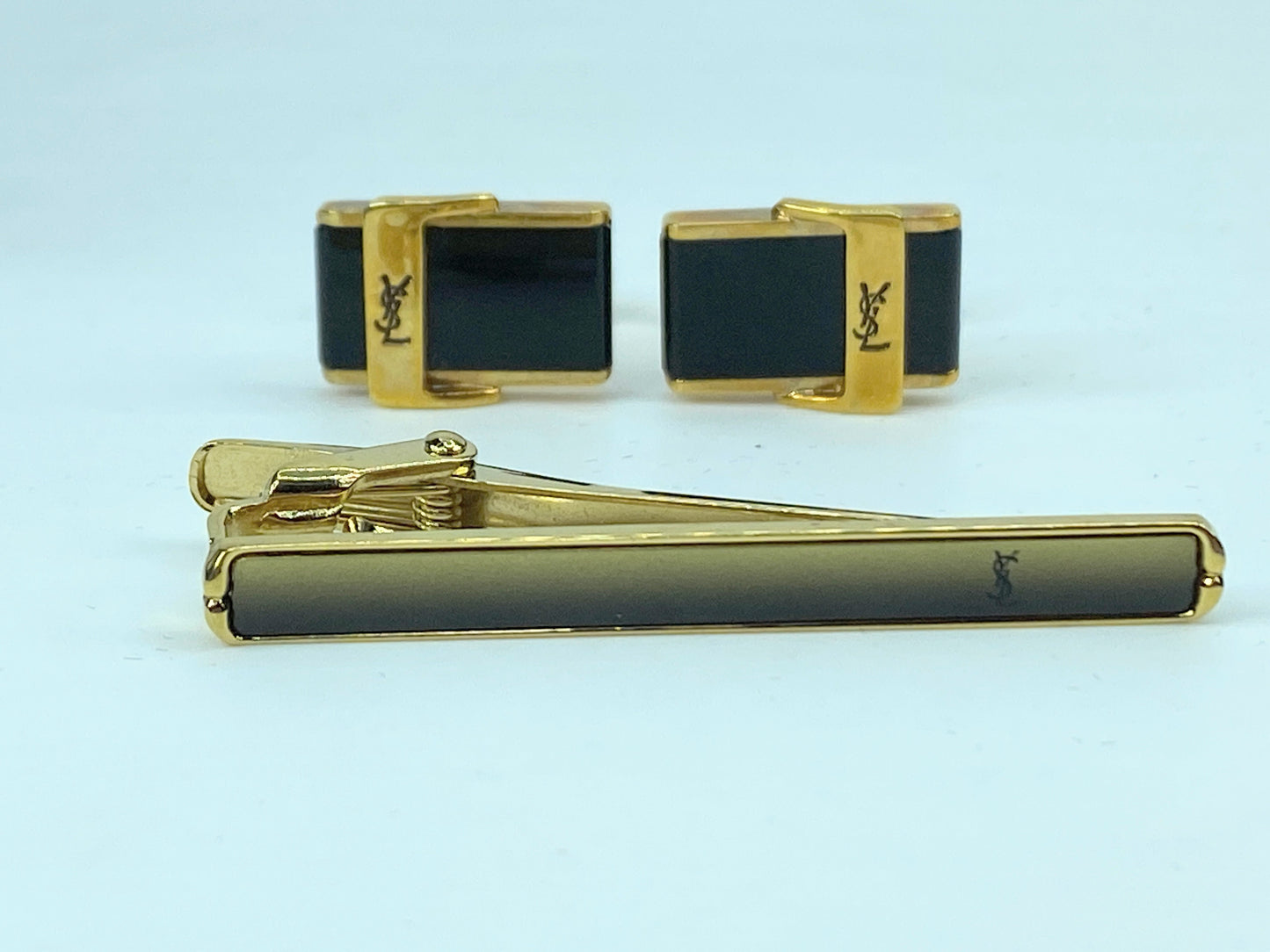 Yves Saint Laurent Tie clip bar pin YSL Logo Onyx Black Gold plated GS531
