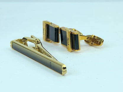 Yves Saint Laurent Tie clip bar pin YSL Logo Onyx Black Gold plated GS531