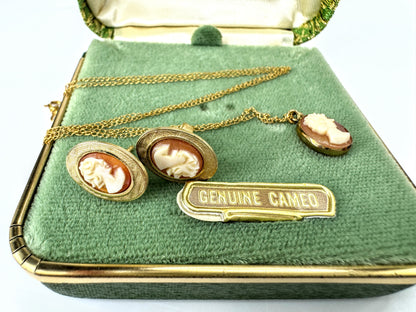 Vintage 14K Gold Genuine Cameo Necklace & Earrings Set original box 4.1g JR1818