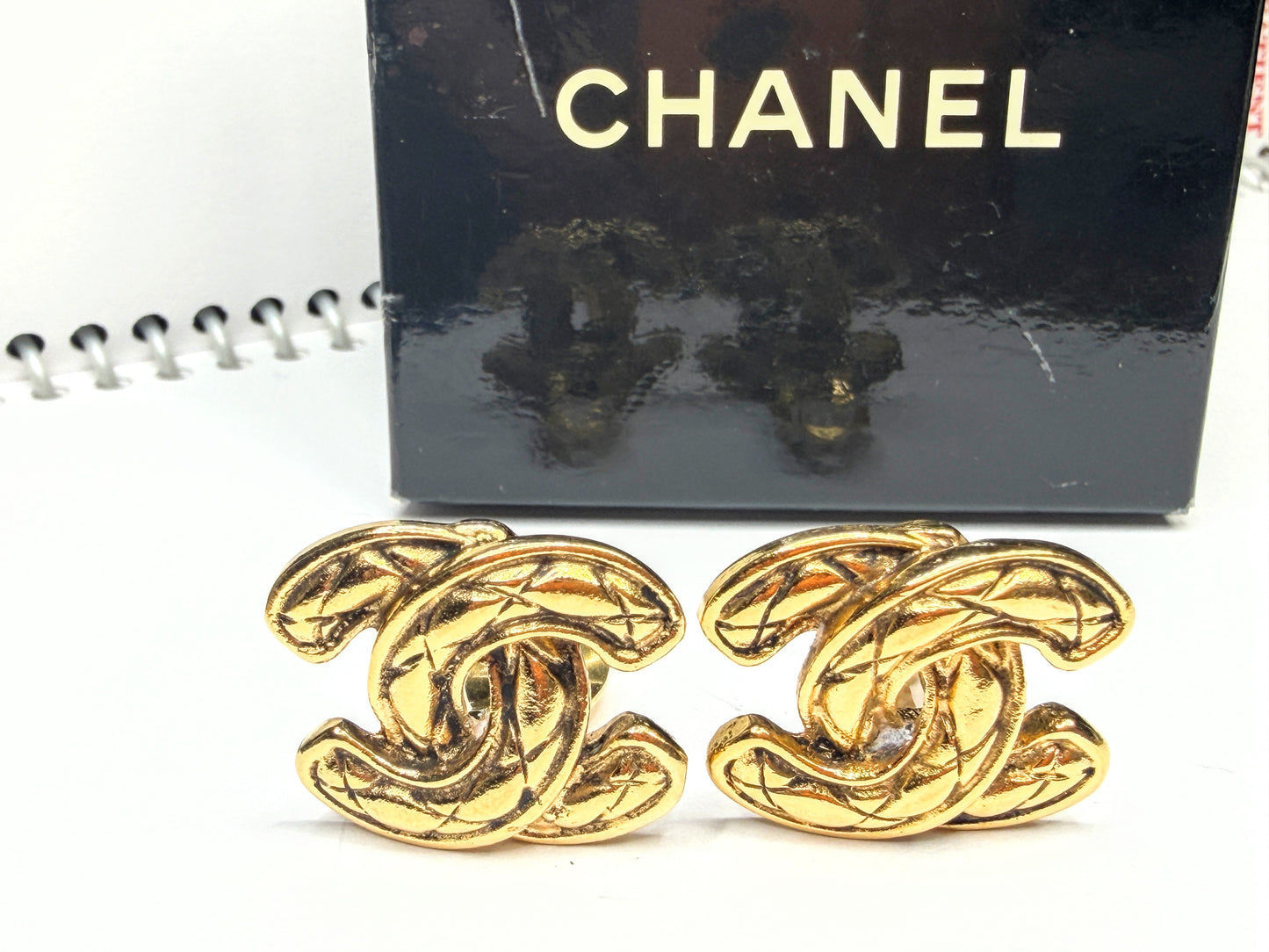 Vintage Chanel Gold Tone Quilted CC Logo Clip Earrings With Chanel Box GS833
