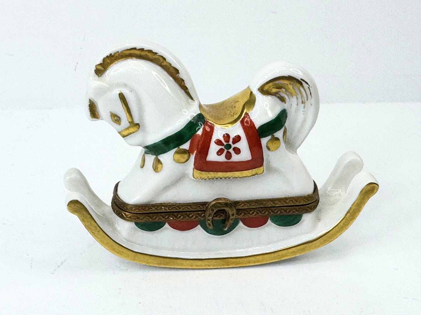 Retired Limoges France White and Brown Rocking Horse by Parry Vielle A500