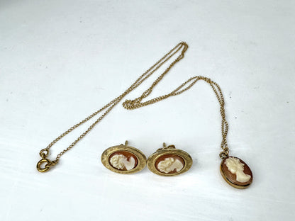 Vintage 14K Gold Genuine Cameo Necklace & Earrings Set original box 4.1g JR1818