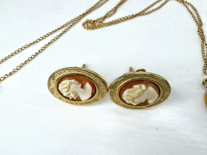 Vintage 14K Gold Genuine Cameo Necklace & Earrings Set original box 4.1g JR1818