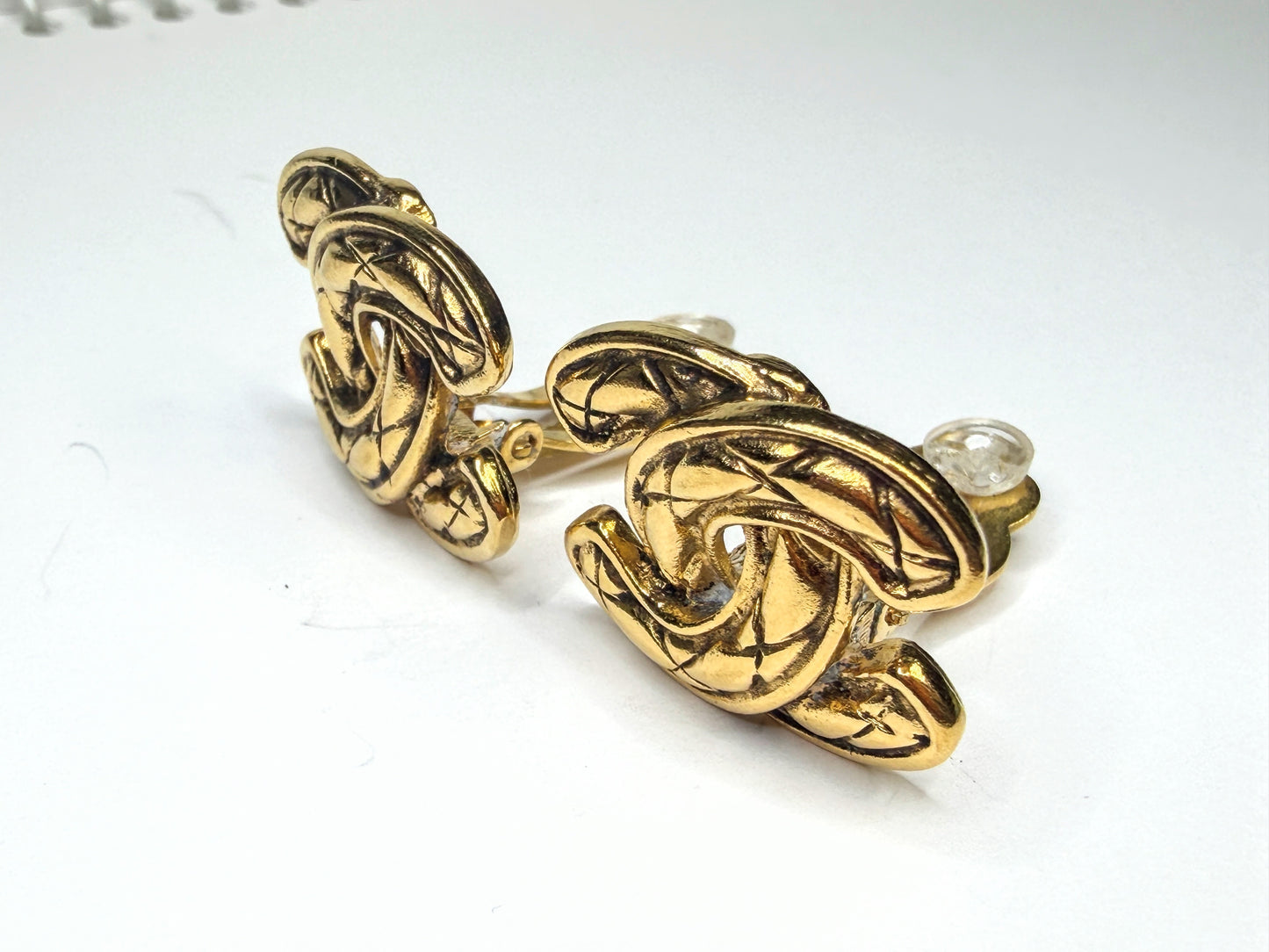 Vintage Chanel Gold Tone Quilted CC Logo Clip Earrings With Chanel Box GS833