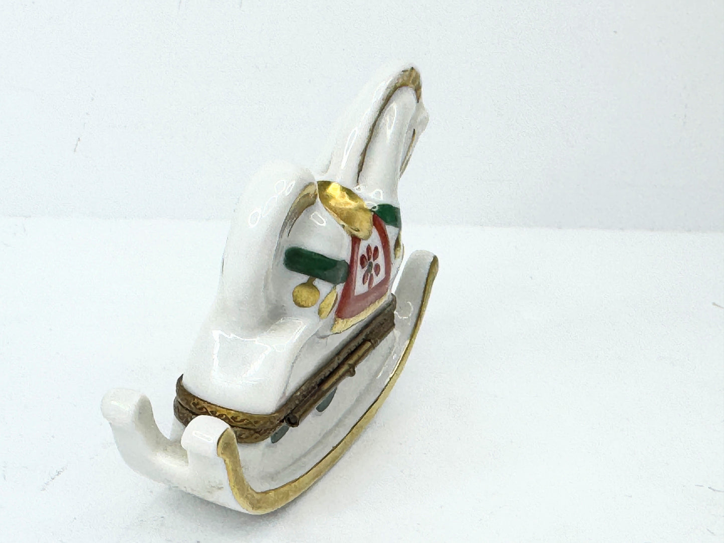 Retired Limoges France White and Brown Rocking Horse by Parry Vielle A500