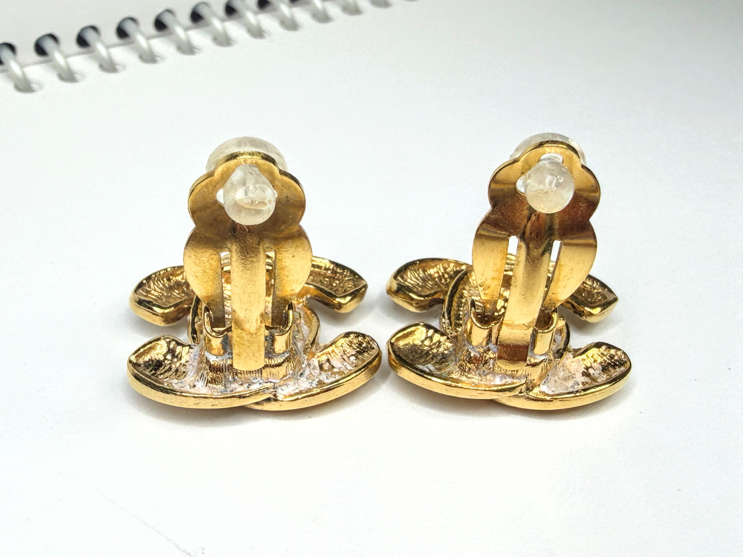 Vintage Chanel Gold Tone Quilted CC Logo Clip Earrings With Chanel Box GS833