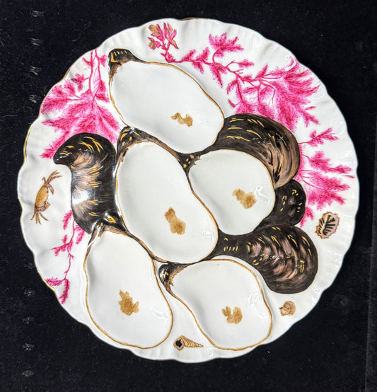 Early Era Limoges Pink Seaweed Black Gold Porcelain 5 Well Oyster Plate A1077