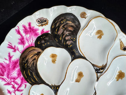 Early Era Limoges Pink Seaweed Black Gold Porcelain 5 Well Oyster Plate A1077