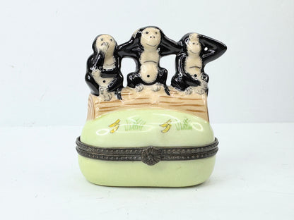 Hear No See No Speak No Evil Monkey Hinged Trinket Box Ceramic A501