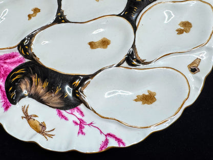 Early Era Limoges Pink Seaweed Black Gold Porcelain 5 Well Oyster Plate A1077