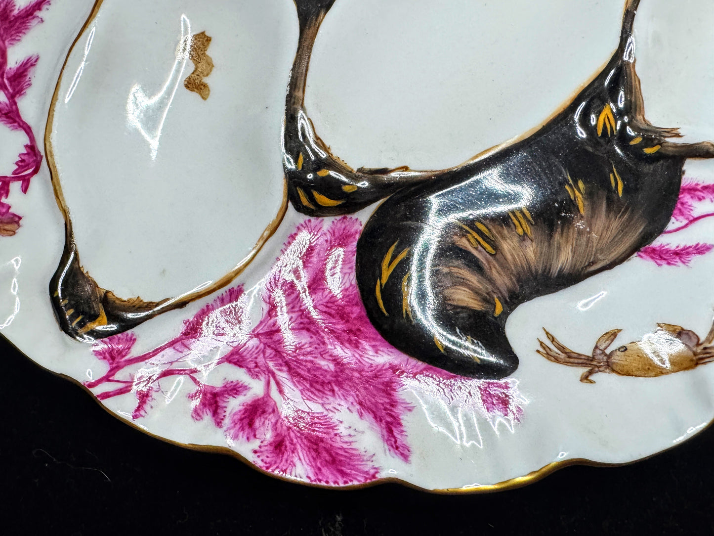 Early Era Limoges Pink Seaweed Black Gold Porcelain 5 Well Oyster Plate A1077