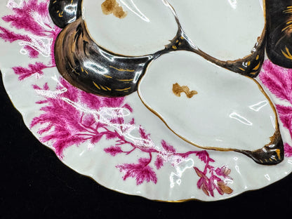 Early Era Limoges Pink Seaweed Black Gold Porcelain 5 Well Oyster Plate A1077