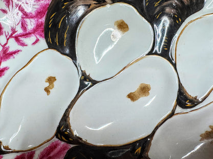 Early Era Limoges Pink Seaweed Black Gold Porcelain 5 Well Oyster Plate A1077
