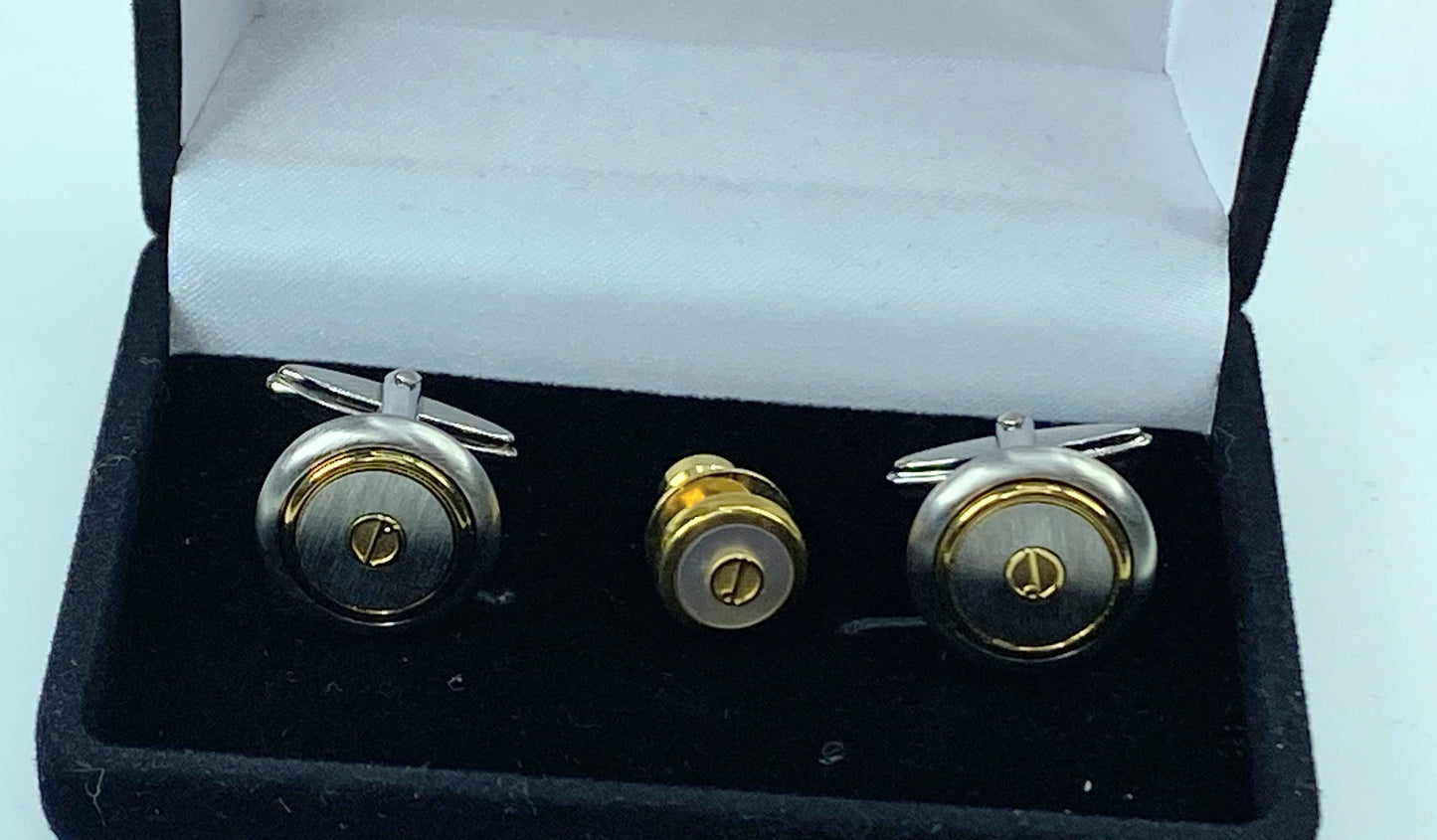 Alfred Dunhill Round Cufflinks & Tie pin D Mark Silver & Gold Bracket GS534