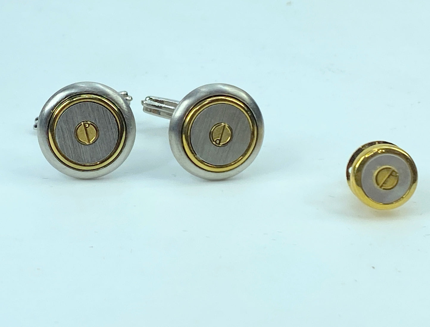 Alfred Dunhill Round Cufflinks & Tie pin D Mark Silver & Gold Bracket GS534