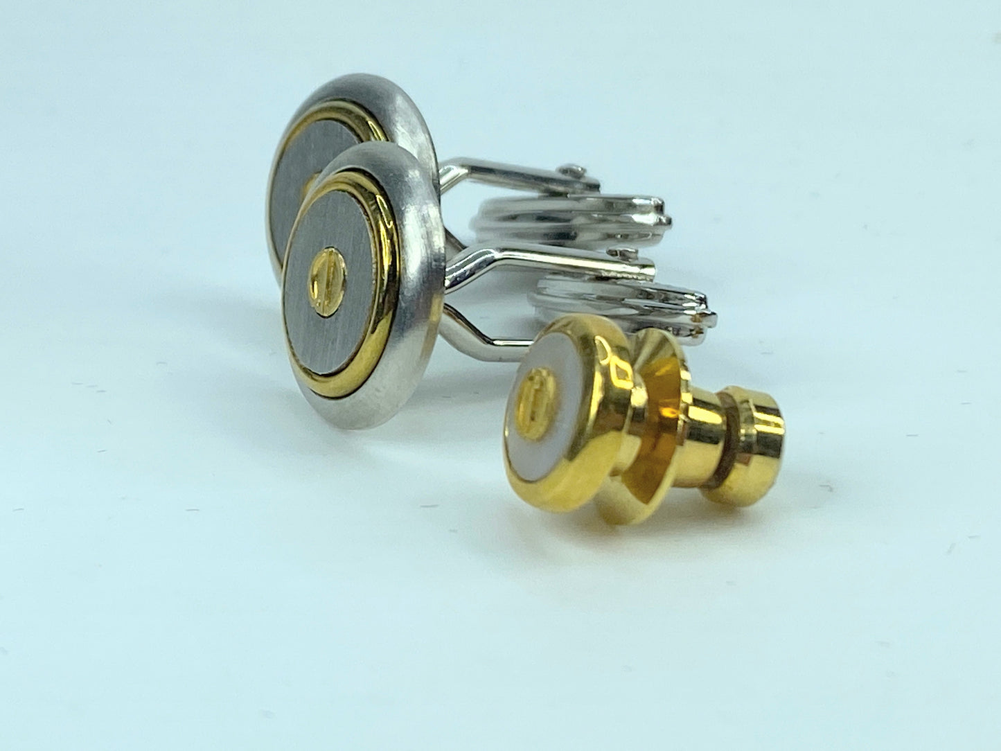 Alfred Dunhill Round Cufflinks & Tie pin D Mark Silver & Gold Bracket GS534