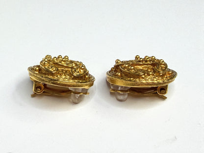 Vintage Chanel CC Textured Round Clip On Earrings Gold Plated with box GS834