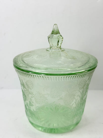 RARE Vintage Strawberry Pattern Green Uranium Sugar Bowl With Lid A503