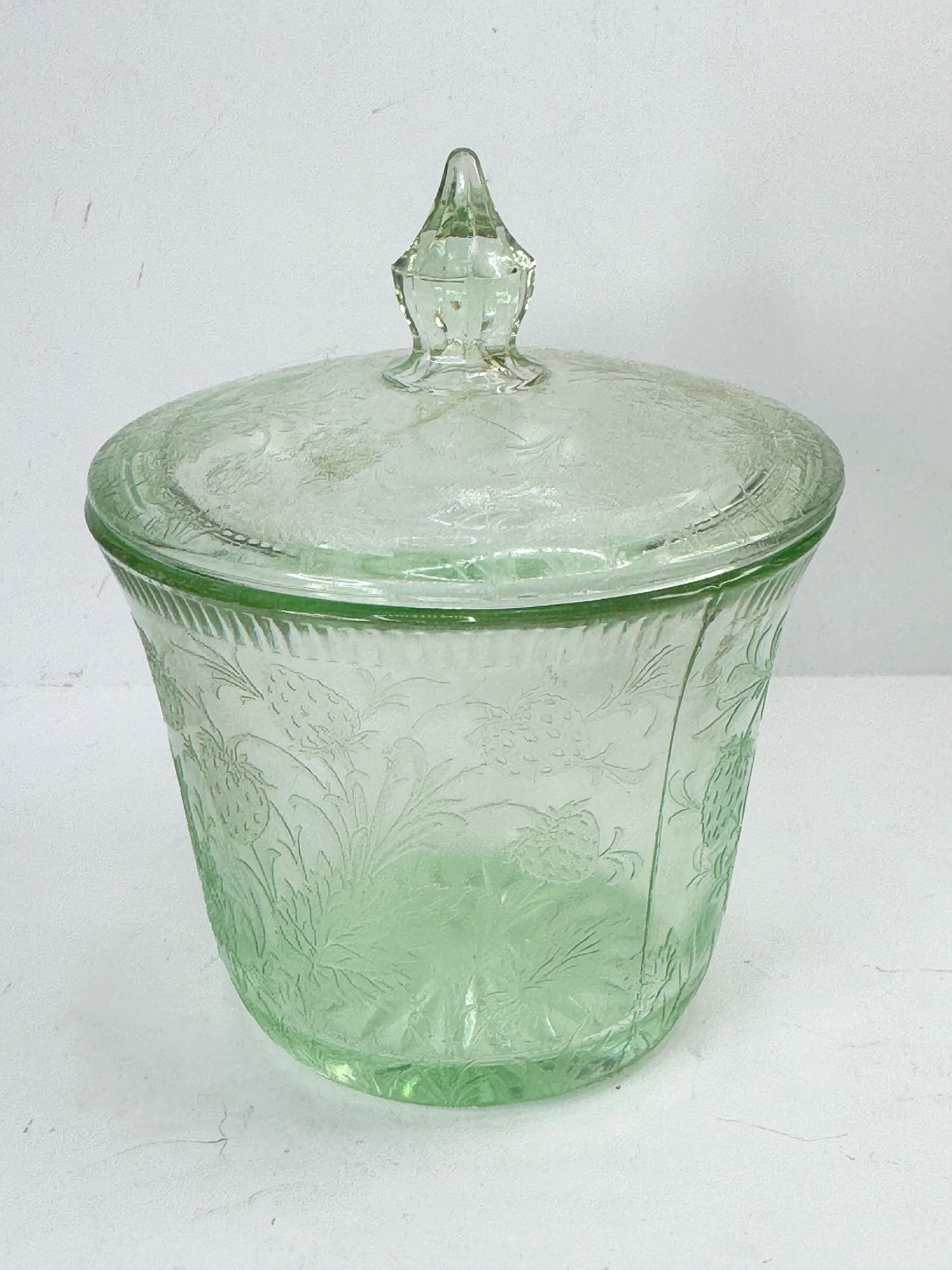 RARE Vintage Strawberry Pattern Green Uranium Sugar Bowl With Lid A503