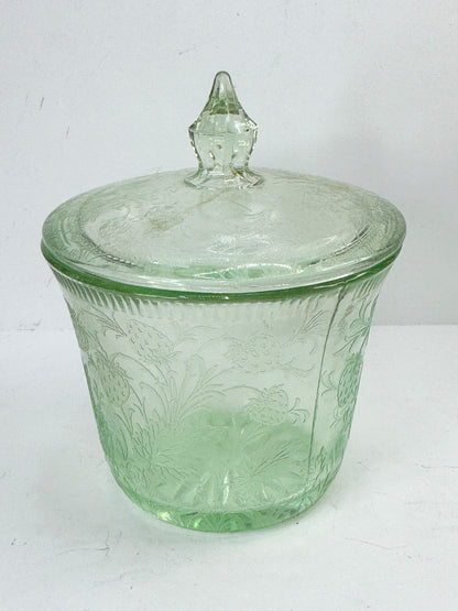 RARE Vintage Strawberry Pattern Green Uranium Sugar Bowl With Lid A503