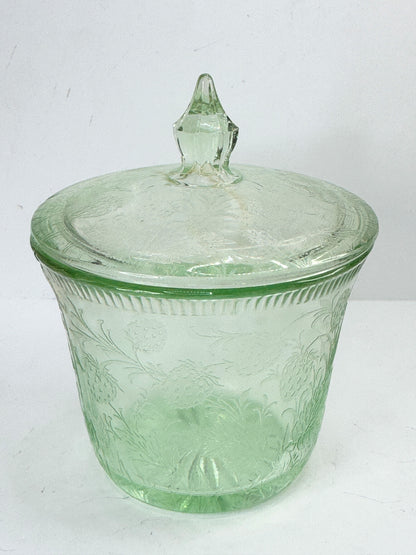 RARE Vintage Strawberry Pattern Green Uranium Sugar Bowl With Lid A503