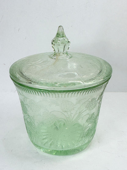 RARE Vintage Strawberry Pattern Green Uranium Sugar Bowl With Lid A503