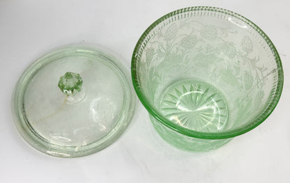 RARE Vintage Strawberry Pattern Green Uranium Sugar Bowl With Lid A503