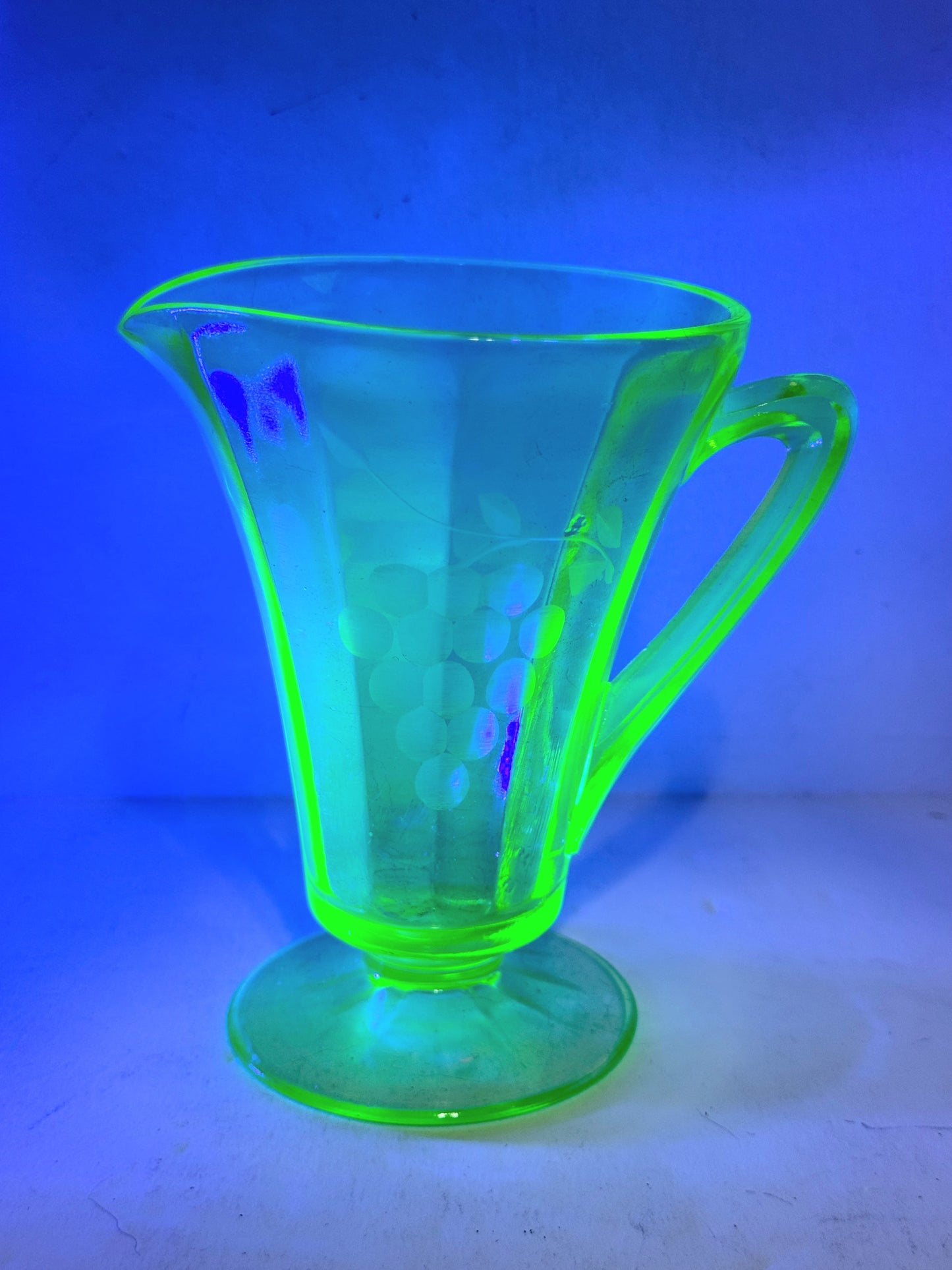 Uranium Glass Green Standard Grape Footed Creamer UV GLOWY GLASS A504