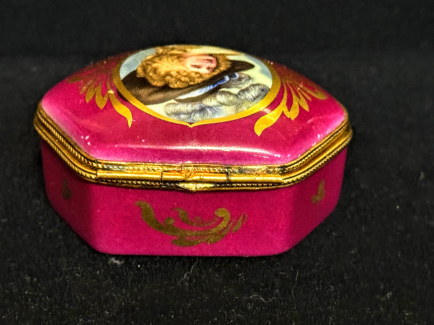 Vintage Limoges France Portrait Trinket Box Magenta Gold A1109