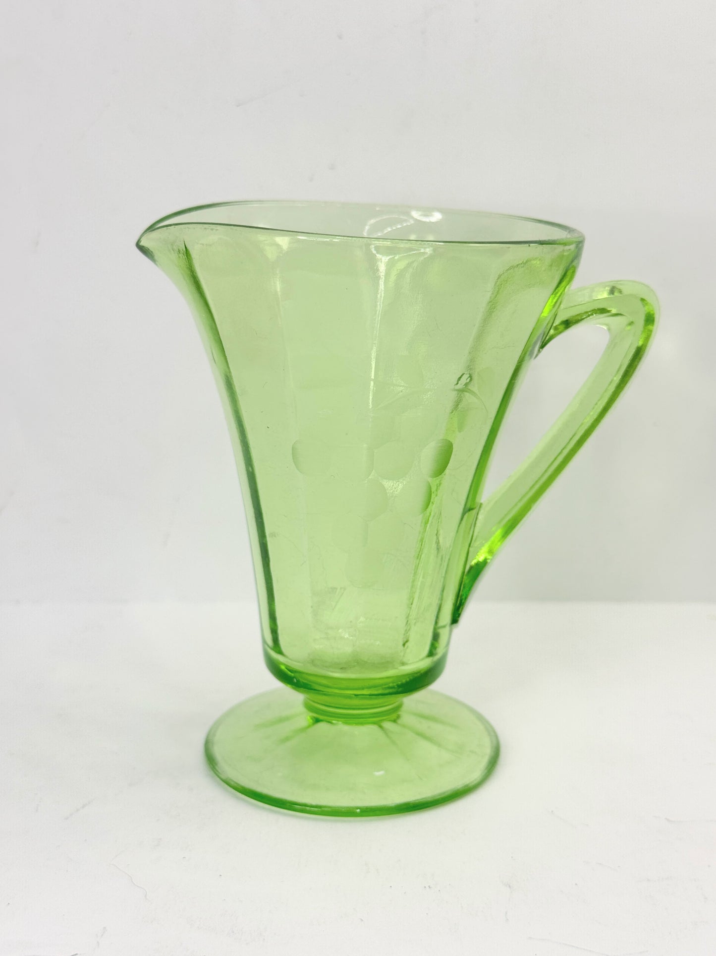 Uranium Glass Green Standard Grape Footed Creamer UV GLOWY GLASS A504