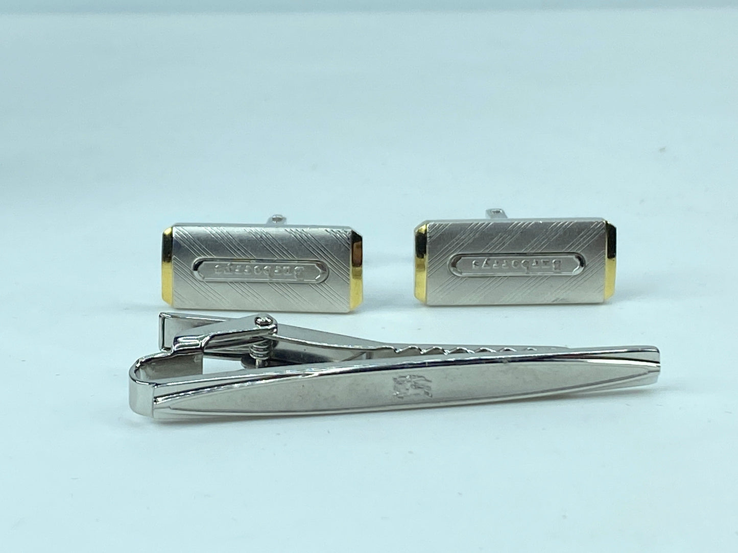 Burberry Vintage cufflinks and tie clip brush silver gold tone set GS538