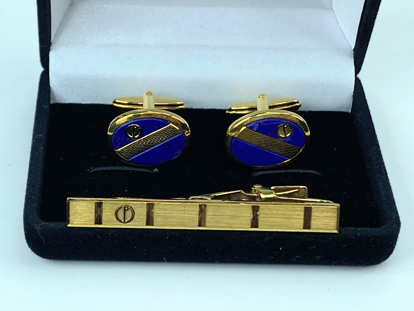 Alfred Dunhill Gold & Blue Cufflinks and Tie Clip Set authentic GS539