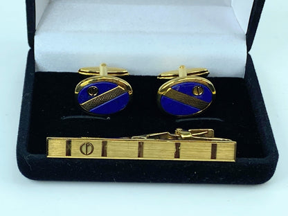 Alfred Dunhill Gold & Blue Cufflinks and Tie Clip Set authentic GS539